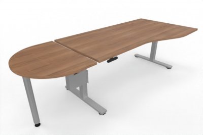 PC-Schreibtisch 180 cm elektrisch höhenverstellbar mit Anbautisch 60 cm Tischplatte Nussbaum Silber