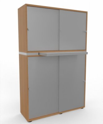 Büroschrank 2teilig mit Auszugsplatte und Schiebetüren Buche Silber