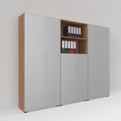Büro-Schrankwand Basis K7 Nussbaum-Silber