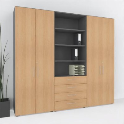 Büroschrankwand VH12 240 cm breit 6 Ordnerhöhen Grafit-Eiche