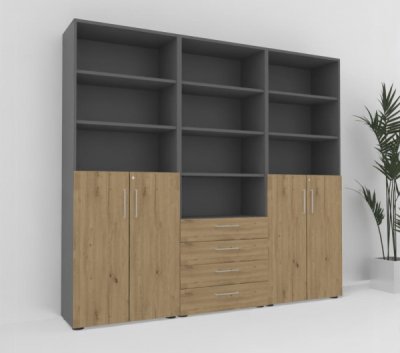 Büroschrankwand VH90 240 cm breit Grafit-Asteiche