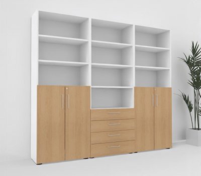 Büroschrankwand VH90 240 cm breit Weiß-Eiche