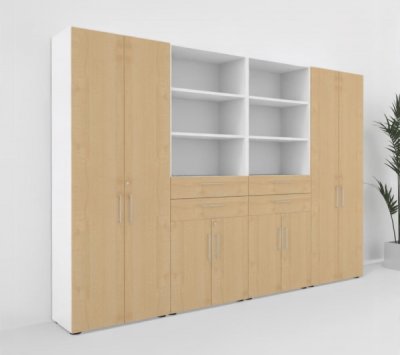 Büroschrankwand VH92 320 cm breit Weiß-Ahorn