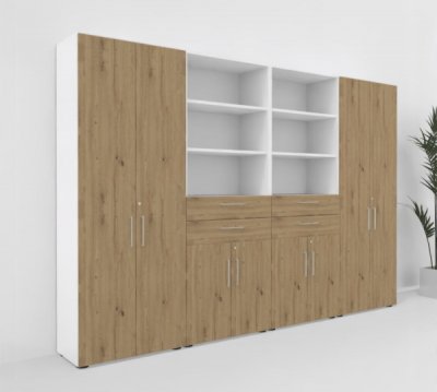 Büroschrankwand VH92 320 cm breit Weiß-Asteiche