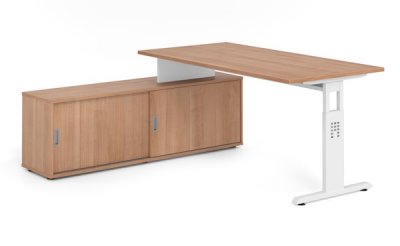 Schreibtisch OSB mit Sideboard Gestell Weiß Dekor Nussbaum