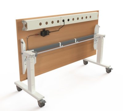 Mobiler Schreibtisch elektrisch höhenverstellbarer Klapptisch mit Rollen Ansicht geklappt Buche