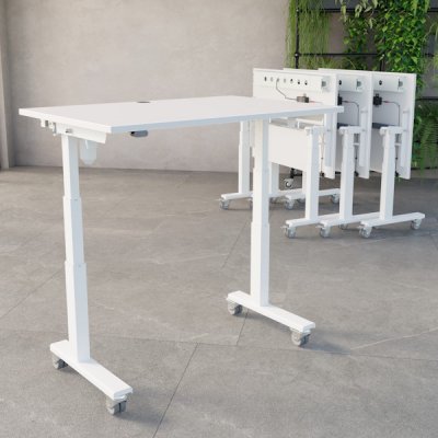 Mobiler Schreibtisch elektrisch höhenverstellbarer Klapptisch mit Rollen Milieubild Weiß