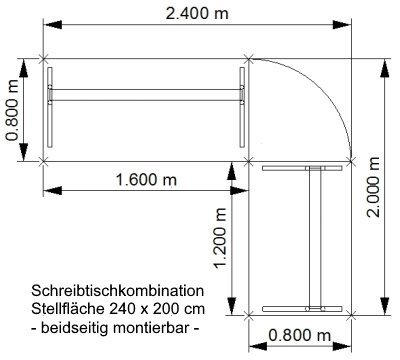 Stellfläche Schreibtisch-Winkelkombination 240 x 200 cm