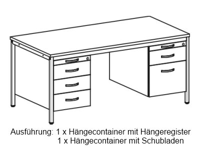 Schreibtisch Zeichnung 1 x Container mit Hängeregister 1 x Container mit Schubladen