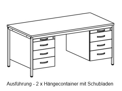 Schreibtisch Zeichnung 2 x Hängecontainer mit Schubladen