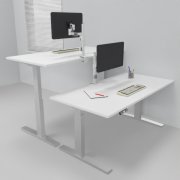Doppelarbeitsplatz 163 x 160 cm HMK1 elektrisch höhenverstellbare Schreibtische Gestell Silber Tischplatten Weiß